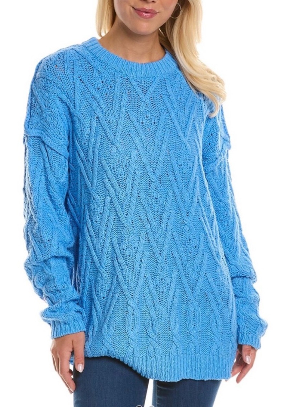 Free People Blue Cable Knit Crew Sweater